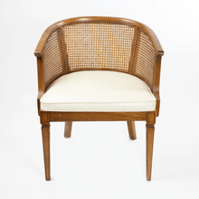 Load image into Gallery viewer, c.1968 Mahogany Barrel Back Caned Arm Chair with White Leather Seat [Oversize]
