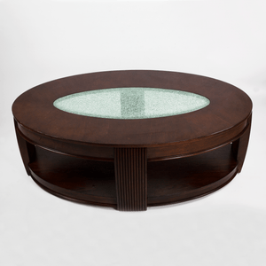 1980s Oval Hardwood Coffee Table with Crackled Glass Inlay [Oversize]