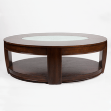 Load image into Gallery viewer, 1980s Oval Hardwood Coffee Table with Crackled Glass Inlay [Oversize]
