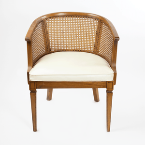 c.1968 Mahogany Barrel Back Caned Arm Chair with White Leather Seat [Oversize]