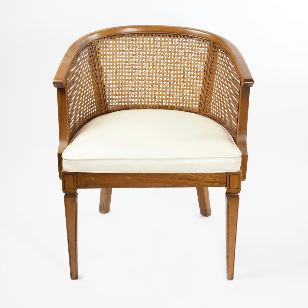 c.1968 Mahogany Barrel Back Caned Arm Chair with White Leather Seat [Oversize]