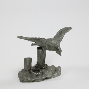 1970s Pewter Bird Figurine with Movable Pewter Rope Tether