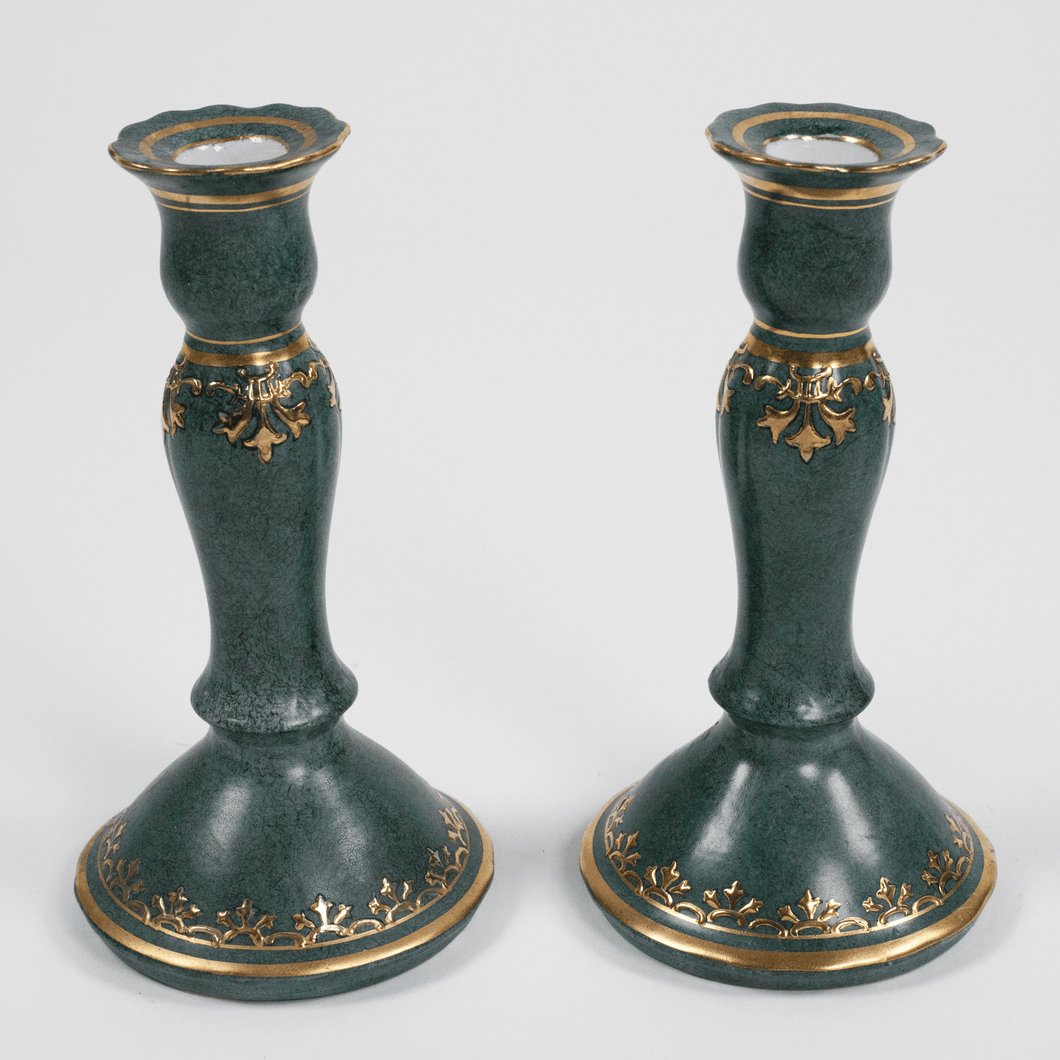 S/2 Marbled Ceramic + Gold Inlay Candlesticks