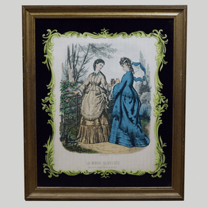 1800s Leroy Imp Paris Original French Fashion Print in Decorative Gold + Glass Frame
